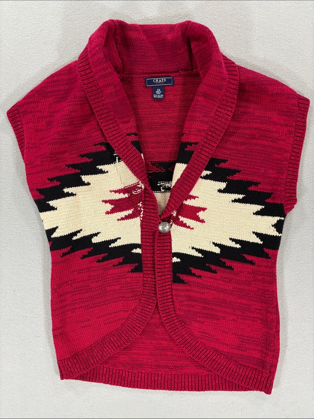 Vintage Chaps Red Aztec Shawl-Collar Knit Vest cotton XS